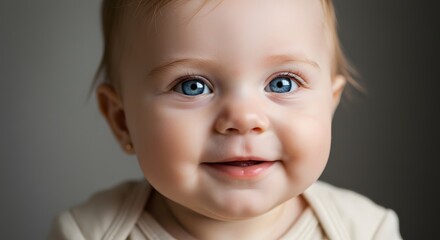 Portrait of a smiling baby with bright blue eyes against a soft gray background