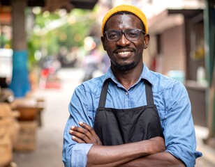 Portrait of a smiling Black man with glasses, wearing a yellow cap and apron