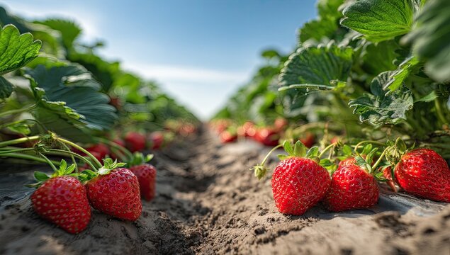 Strawberry field rows under a clear sky - Powered by Adobe