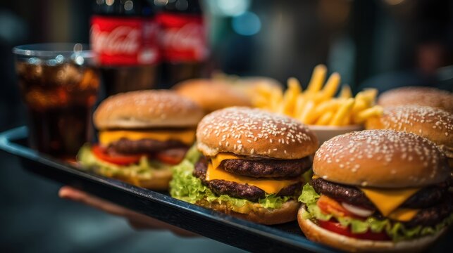 A tray of four cheeseburgers with fries and two Coca-Cola bottles on a black tray with a blurred background.