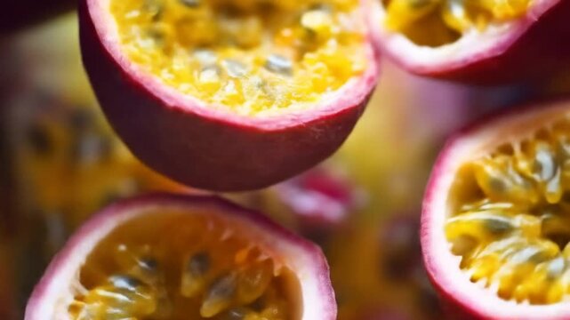 Vibrant passion fruit macro photography detailing exotic fruit interior