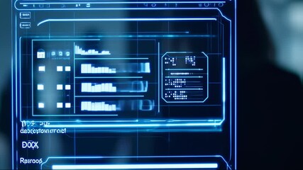 Futuristic holographic interface displaying data with a glowing blue technology theme - Powered by Adobe