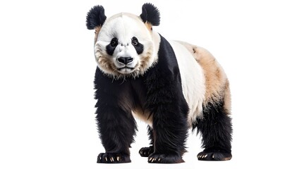 Obraz premium A fluffy panda bear stands upright on its hind legs, showcasing its distinctive black and white fur, with curious eyes and a playful demeanor.