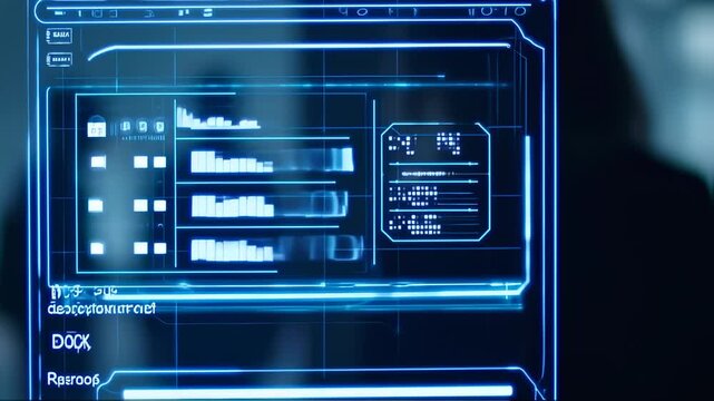 Futuristic holographic interface displaying data with a glowing blue technology theme - Powered by Adobe