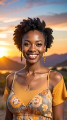 Portrait of a smiling woman outdoors at sunset, with natural curly hair