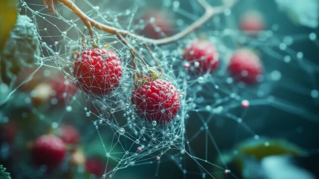 Vibrant red berries entangled in a delicate web with natural lighting