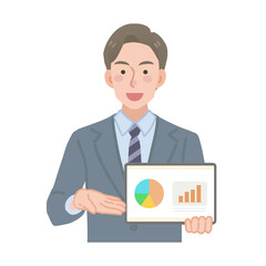 タブレットを持って説明をする営業マン