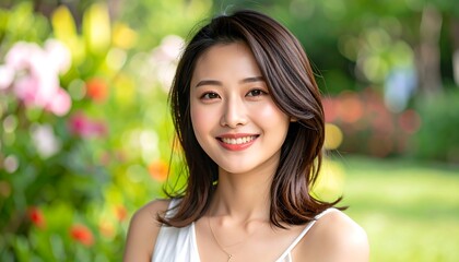 Portrait of a smiling woman with dark hair, set against a blurred garden backdrop