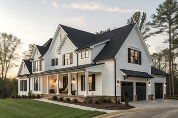 Classic colonial style house with white trim, a gray shingle roof, and a wide front yard garden. Exterior view with tall trees and a stone walkway.