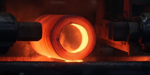 Red hot steel strip coiling at high temperature on an industrial machine, showing manufacturing process in a metal factory