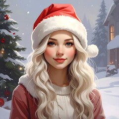 Portrait of a smiling woman with long blonde hair, wearing a Santa hat, in a winter scene