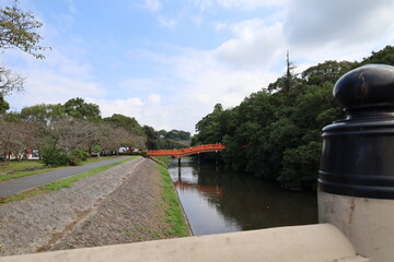 A Japanese bridge: an entrance bridge to the precincts of Usa-jingu Shrine in Usa City in Oita Prefecture in Kyushu