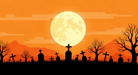 Naklejka premium Spooky Halloween Graveyard Scene With Full Moon Shining Over Barren Trees and Tombstones