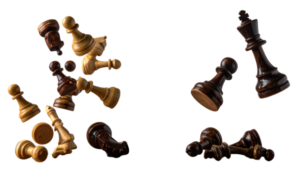 Two falling chess piece arrangements, isolated on transparent background