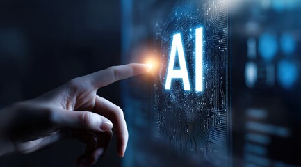 Human hand interacting with a glowing AI symbol on a digital screen, symbolizing artificial intelligence technology and innovation