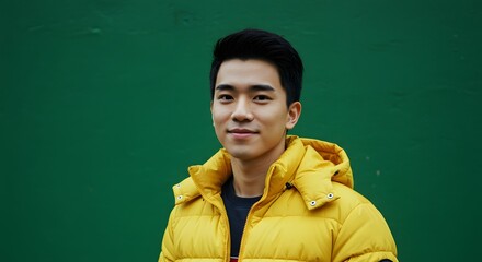 Portrait of a smiling young Asian man against a textured green background, wearing a yellow jacket