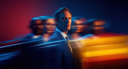 Corporate strategist gazes ahead while team sweeps by in dramatic red and yellow streaks