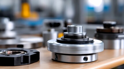 Close-Up of Precision Mechanical Components on Workbench Surface