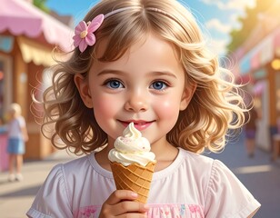 Portrait of a smiling young girl holding an ice cream cone, sunny day, shops in background
