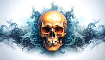 A detailed human skull adorned with swirling smoke and vibrant flames, creating a dramatic contrast between the dark bone and the fiery colors.