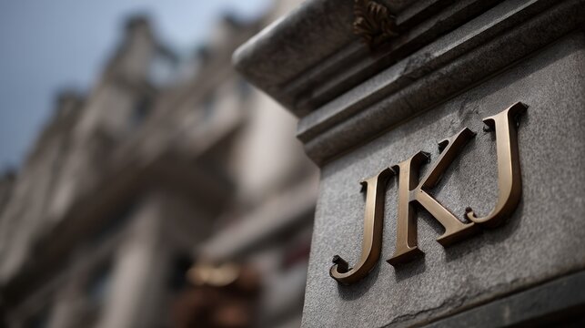A stone pillar with the letters 'JKJ' engraved on it, standing in front of a historic building with ornate architecture.