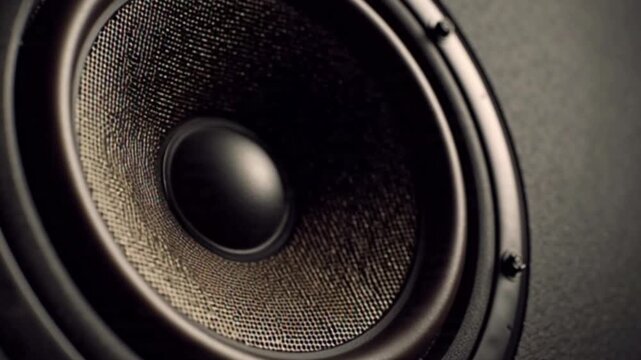 A cinematic close-up of a bass speaker vibrating up and down, capturing the dynamic motion, energy, and powerful sound waves as the music pulses through the speaker in a visually striking shot