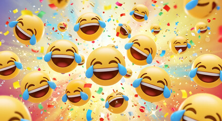 Joyful laughing emojis with confetti celebration.