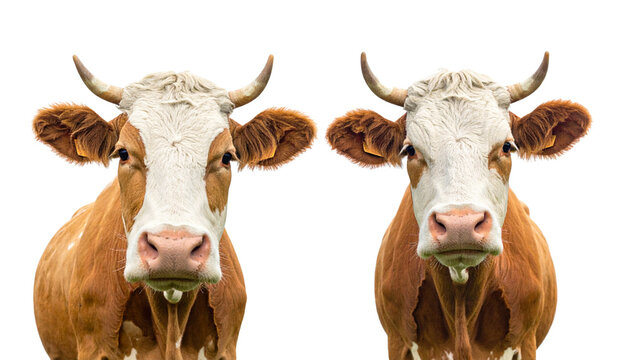 Two cow head portraits, isolated on transparent background - Powered by Adobe