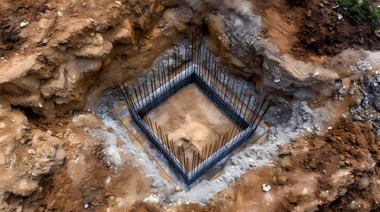 Construction Site Foundations with Reinforcement Steel and Excavation