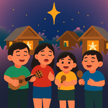Filipino Christmas Caroling Vector Scene &ndash; Children Singing Outside a House, Traditional Holiday Celebration