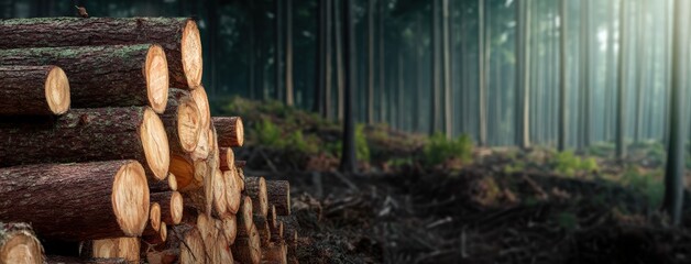 Logs piled in foreground after felling, revealing stacked timber and exposed trunks with remaining forest and sunlight in background