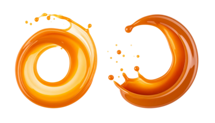 Two caramel sauce splashes, isolated on transparent background