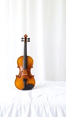 A beautifully crafted violin rests elegantly on a neatly made bed, its polished wood glistening softly in the warm, ambient light of the room.