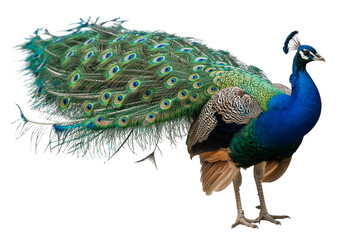 Obraz premium Magnificent peacock displaying iridescent plumage in vibrant detail
