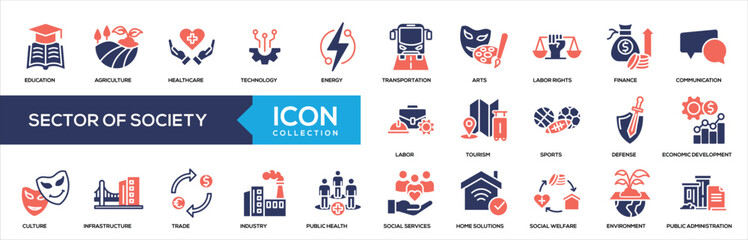 Sector of Society Glyph Color Icon Collection. Containing social welfare, defense, design, social services, communication, arts, public health, energy