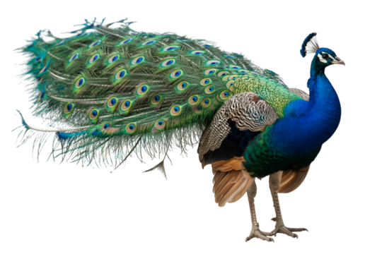 Magnificent peacock displaying iridescent plumage in vibrant detail