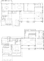 2-Story Residential House Line Drawing with Furniture Layout, Floor Plan of First and Second Floors, Interior Design