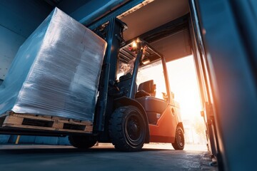 Forklift loading a shrink wrapped pallet into a warehouse bay at golden hour, industrial logistics and shipping operation