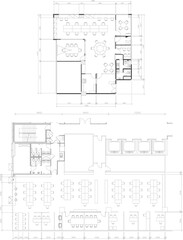 Interior Design Drawing of Office Layout, Furniture Placement, Conference Room, Manager Room, and Workstations, 2 Versions