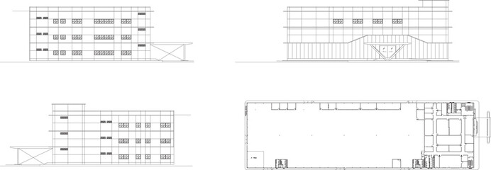2D Drawing of Building Elevation, Factory, and Office Area with Floor Plan