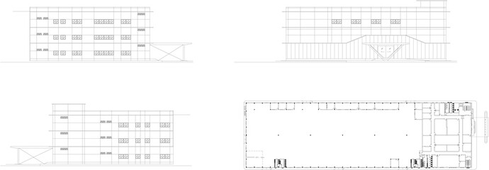 2D Drawing of Building Elevation, Factory, and Office Area with Floor Plan