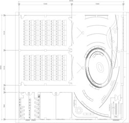 Interior Design Drawing of Furniture Layout, Exhibition Area, Large Conference Room, Shared Restroom, and Main Hall