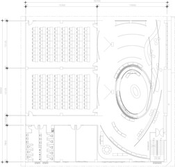 Interior Design Drawing of Furniture Layout, Exhibition Area, Large Conference Room, Shared Restroom, and Main Hall