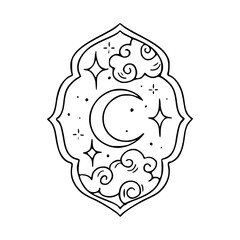 Ramadan Kareem or Eid Mubarak night sky in geometric frame outline