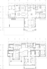 Interior Design Drawing of Residential House, Furniture Layout, Floor Plan of Central Hall, Bedroom, Living Room, and Dining Room for Family Home
