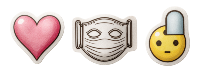 Heart Emoji, Medical Mask Emoji, and Pill Emoji on Transparent Background