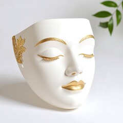 A delicate white mask adorned with intricate gold leaf patterns, showcasing elegance and artistry, perfect for a masquerade or theatrical performance.