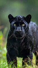 Portrait of a stunning black panther, wet from the rain, alert in natural habitat