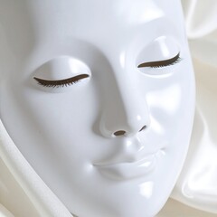 A striking white mask featuring long, elegant eyelashes and deep black eyes, exuding an air of mystery and intrigue, perfect for theatrical performances.