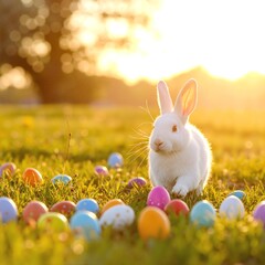 A fluffy white rabbit sits gracefully in lush green grass, surrounded by colorful Easter eggs in vibrant hues of pink, blue, and yellow.